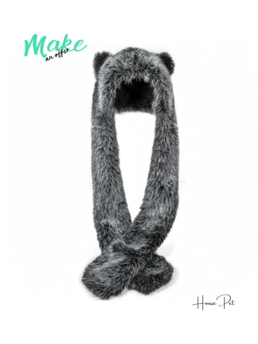 Faux Fur Wolf Hat 3-in-1 Scarf Mittens with Ears and Paws
